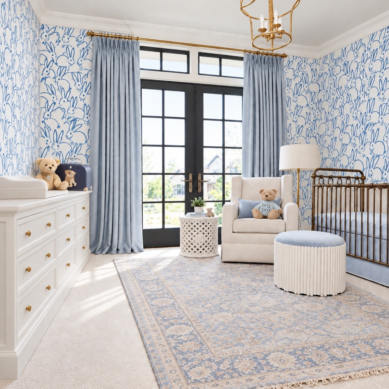 Nursery with crib, blue curtains and natural light