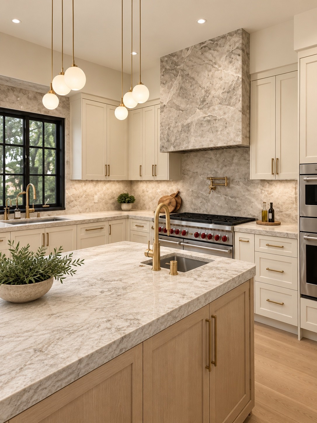 Kitchen island and cooking area with globe pendants