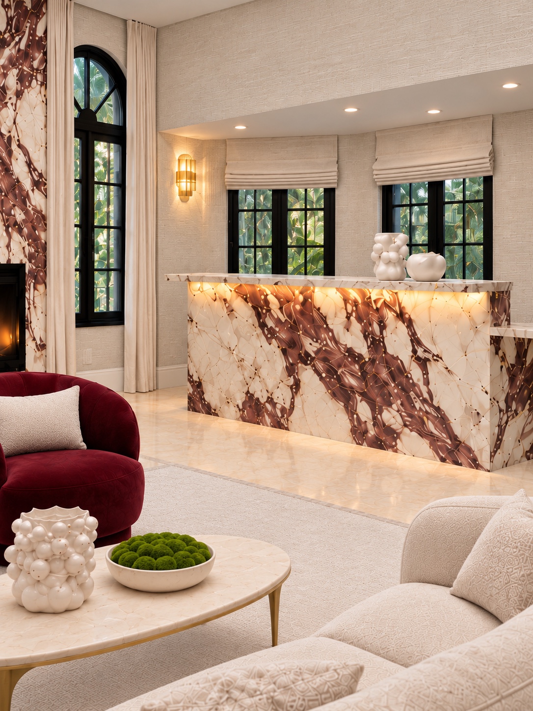 Backlit stone bar overlooking the living area