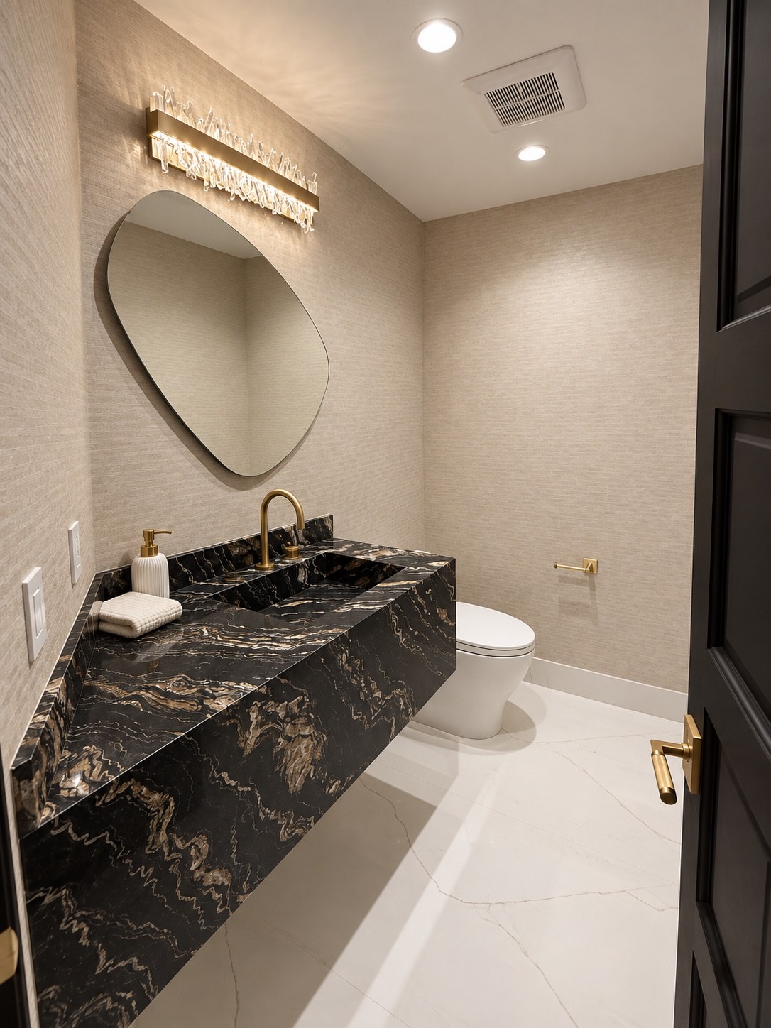 Powder room vanity and textured wall finish
