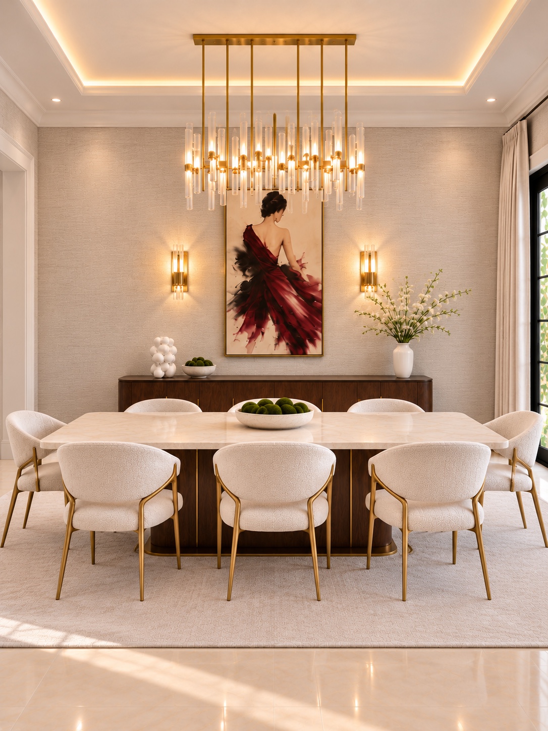 Dining room with cream chairs, brass chandelier and fashion artwork