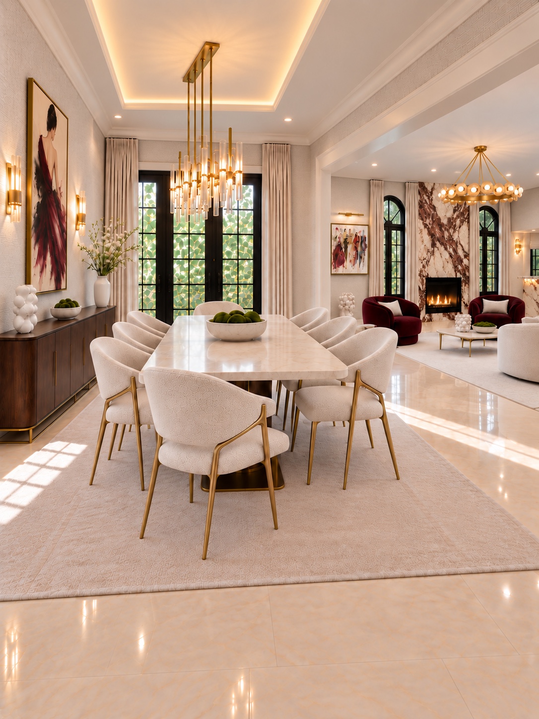 Dining room opening to the living room with burgundy chairs and a statement fireplace